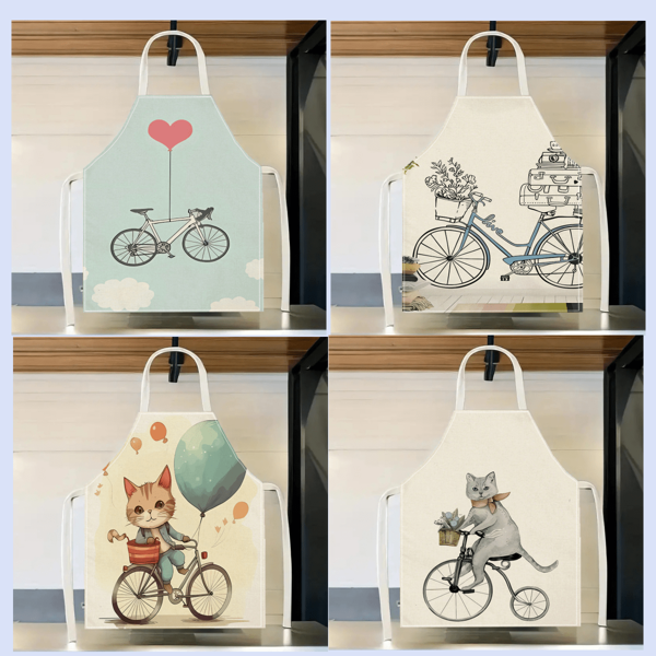 Avental de gato com estampa de bicicleta, 1 peça, criativo, divertido e estiloso, para limpeza doméstica, à prova d'água, fácil de limpar, para cozinha, avental criativo para casa, uniforme de trabalho