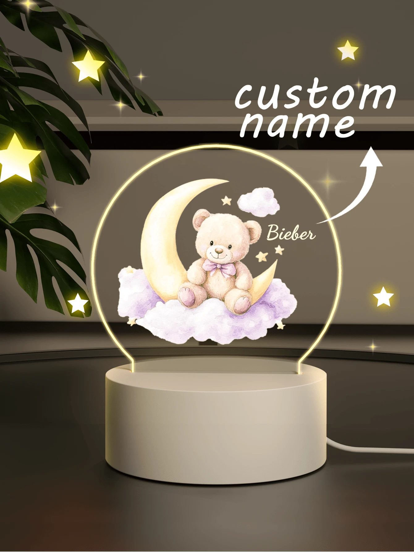 1pc Customized Bear Night Light With Name, Personalized Birthday Gift, Friend Gift, Bedroom Decor, Party Decor, Rabbit Night Light, Halloween Gift, Baby Shower Party Home Decor, Winter Night Gift, Cute Customized, Unique Treasure, Baby Gift, Adorable Baby, Fashionable Ideal Gift, Suitable For Kids, Family, Friends, Daughter, Son, Children's Day Gift - 5 3mm Round-bear - View 1