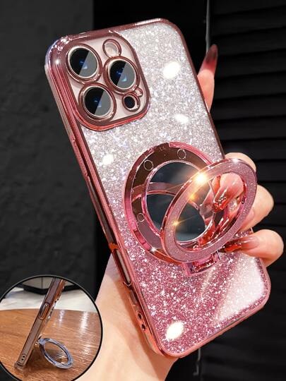 Luxury Electroplated Pink Phone Case With Cycle Ring Magnetic Stand Holder, Built-In Makeup Mirror, Rhinestone Glitter Sparkle Y2k Style, Summer New Fashion Silicone Shockproof Protective Soft Cover Compatible With IPhone 16 16e 15 14 13 12 11 X XS XR 8 7 Plus Pro Max Mini, Samgsung Galaxy S24 S25 Ultra, Compatible With Xiaomi Redmi, Compatible With Huawei Honor OPPO Reno MOTO Infinix Women 2025 Waterproof Anti-Fall Scratch Resistant