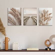 Set de 3 pósteres de lienzo con marco opcional que presentan un diseño boho con diente de león, paisaje y plantas. Arte de pared impermeable, cuadros de pared ideales como regalo, para dormitorio, sala de estar, oficina, baño, comedor, cafetería, bar y decoración del hogar y la residencia