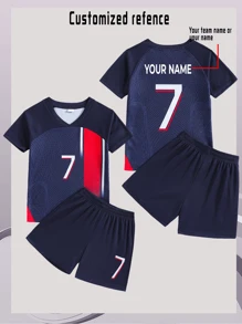 2pcs Boys' Casual Sports Training Quick-Dry Short Sleeve Sportswear Set, Suitable For Football, Sports, Daily Wear, Customizable Name