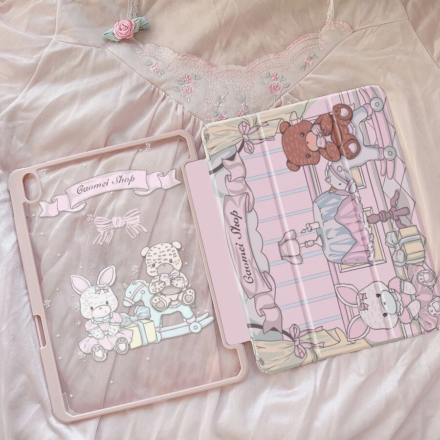 精美动漫可爱小熊，兔子字母蝴蝶结，双面彩绘亚克力透明水晶背板，防震，兼容iPad 7/8/10.2英寸保护壳，内置笔槽，支持睡眠唤醒，节日礼物，新年礼物