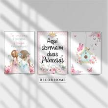 Kit 3 Quadros Aqui Dormem Duas Princesa, Quadro de irmãs Decoração de Casa Sala Quarto Infantil Meninas - Rosa Bebê - Visão 3