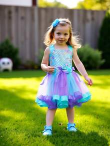 小女孩网眼面料拼接挂脖连衣裙，包含所有配饰 - 彩色 - 查看 4