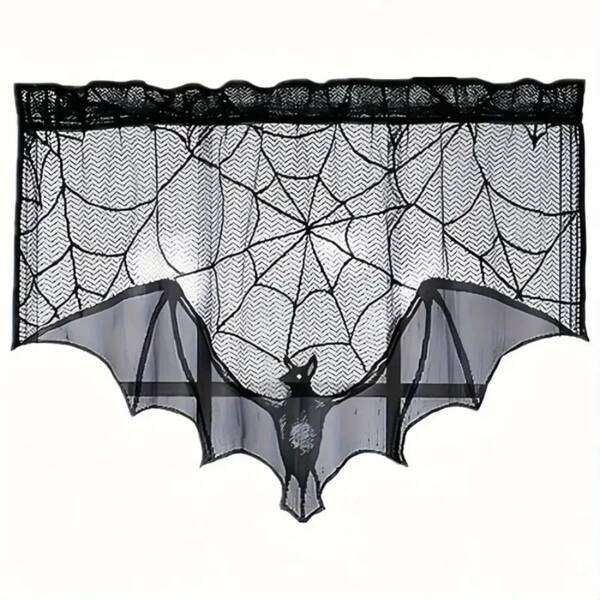 1pc Black Lace Bat Window Curtain, Door Curtain, Fireplace Valance Decor For Halloween
