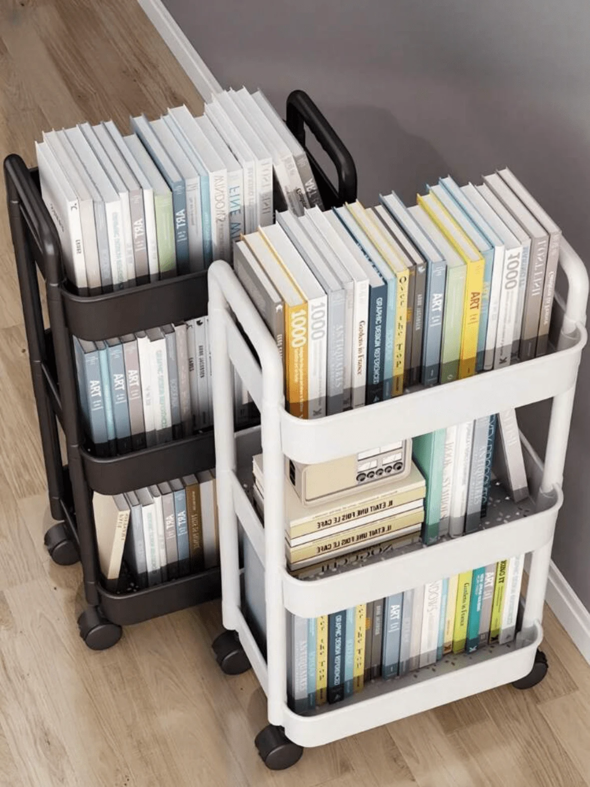 带扶手的三层手推车，滚动储物车 3 层整理器移动搁架单元存储滚动多功能推车带轮子适用于厨房浴室洗衣房， - 彩色 - 查看 1