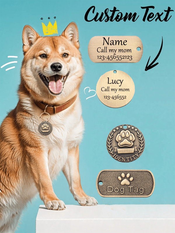 Customized Dog Tag Collar With Engraved Personalized Pendant, Vintage Copper Anti-Lost Pet ID Card