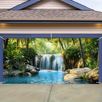 1pc 2D Garage Door Banner, Rustic Waterfall Scene Garage Door Banner - Outdoor Decor, Suitable For Barbecues, Family Gatherings And All Season Events, No Power Required, Waterfall Decoration