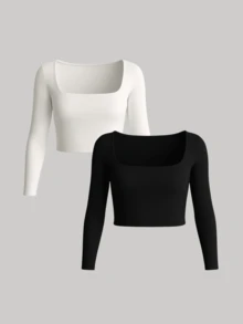 Cropped Long Sleeve Square Neck Winter Cold Weather Blouse SUPLEX - 白色 - 查看 2