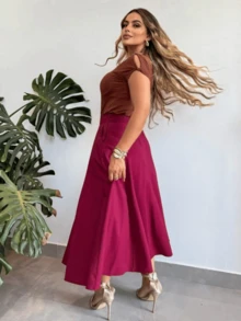 Women's Tailored Midi Skirt Evase Sensorial With Elegant Pocket - Màu Đỏ Sâu - Xem 2