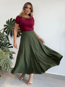 Women's Tailored Midi Skirt Evase Sensorial With Elegant Pocket - 軍綠色 - 查看 1