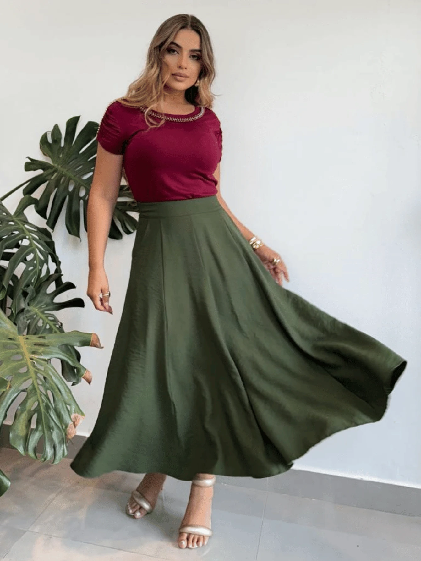 Women's Tailored Midi Skirt Evase Sensorial With Elegant Pocket - 軍綠色 - 查看 1