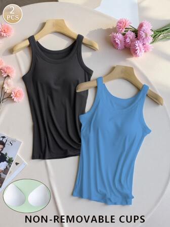 2 件纯色简约女士汗衫，舒适带衬垫吊带背心，适合健身