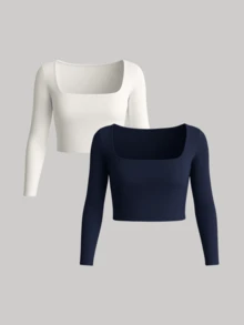 Cropped Long Sleeve Square Neck Winter Cold Weather Blouse SUPLEX - Navy Blue - View 2