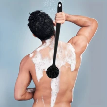 4pcs Silicone Bath & Skincare Set - Dual-Sided Long Handle Back Brush, Facial Cleansing Brush & Soft Bristle Shower Scrubber And Bath Ball - Non-Slip Grip For Deep Clean & Massage, Fragrance-Free - 黑色 - 查看 10