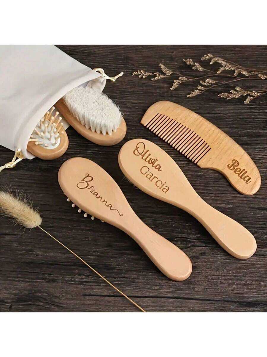 3PCS-Personalized Baby Hair Brush Shower Gift | Customized Engraved Baby Brush | Newborn Keepsake - Wooden Material - For Baby Boy & Girl - Suitable For Daily Use & Special Occasions - Perfect Gift For New Moms Back To School,Multi-Functional,Ornamental,Letter,Stylish,Modern,Colorful,Cute,Adorable,Casual,Custom,Personalised,Unique,Customized,Ideal Gifts For Him,Ideal Gifts For Her