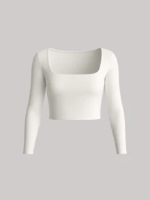 Cropped Long Sleeve Square Neck Winter Cold Weather Blouse SUPLEX - 白色 - 查看 1