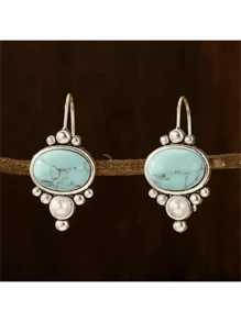 1 Pair Vintage Bohemian Faux Turquoise Blue Earrings With Faux Pearl Decor, Fashionable Wedding/Party Earrings Gift For Women