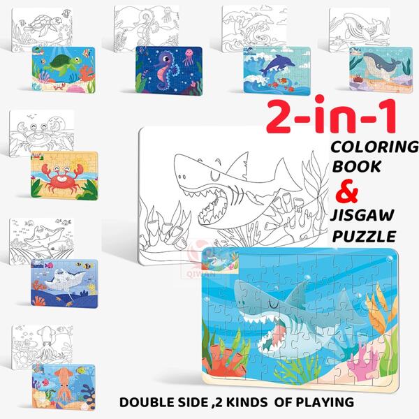 Qiwan 48Pcs Ocean Animals Underwater World Interlocking Puzzle, Shark, Sea Turtle, Octopus, Dolphin, Whale, Seahorse,White Coloring Board Double-Sided Educational Toys ,Birthday Party Gifts For Kids