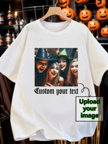 Customizable Personalized Photo/Text Plus Size Women's T-Shirt, Loose Fit Plus Size T-Shirt For Spring/Summer, Holiday Gifts White - White - View 1