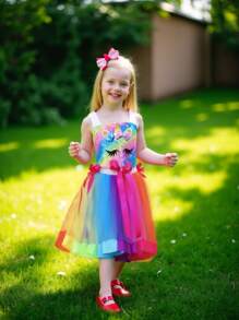 Young Girl Rainbow Unicorn Patchwork Sparkly Dress Costume With Headband And Hair Clips