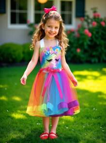 Young Girl Rainbow Unicorn Patchwork Sparkly Dress Costume With Headband And Hair Clips