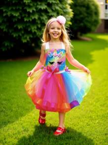 Young Girl Rainbow Unicorn Patchwork Sparkly Dress Costume With Headband And Hair Clips