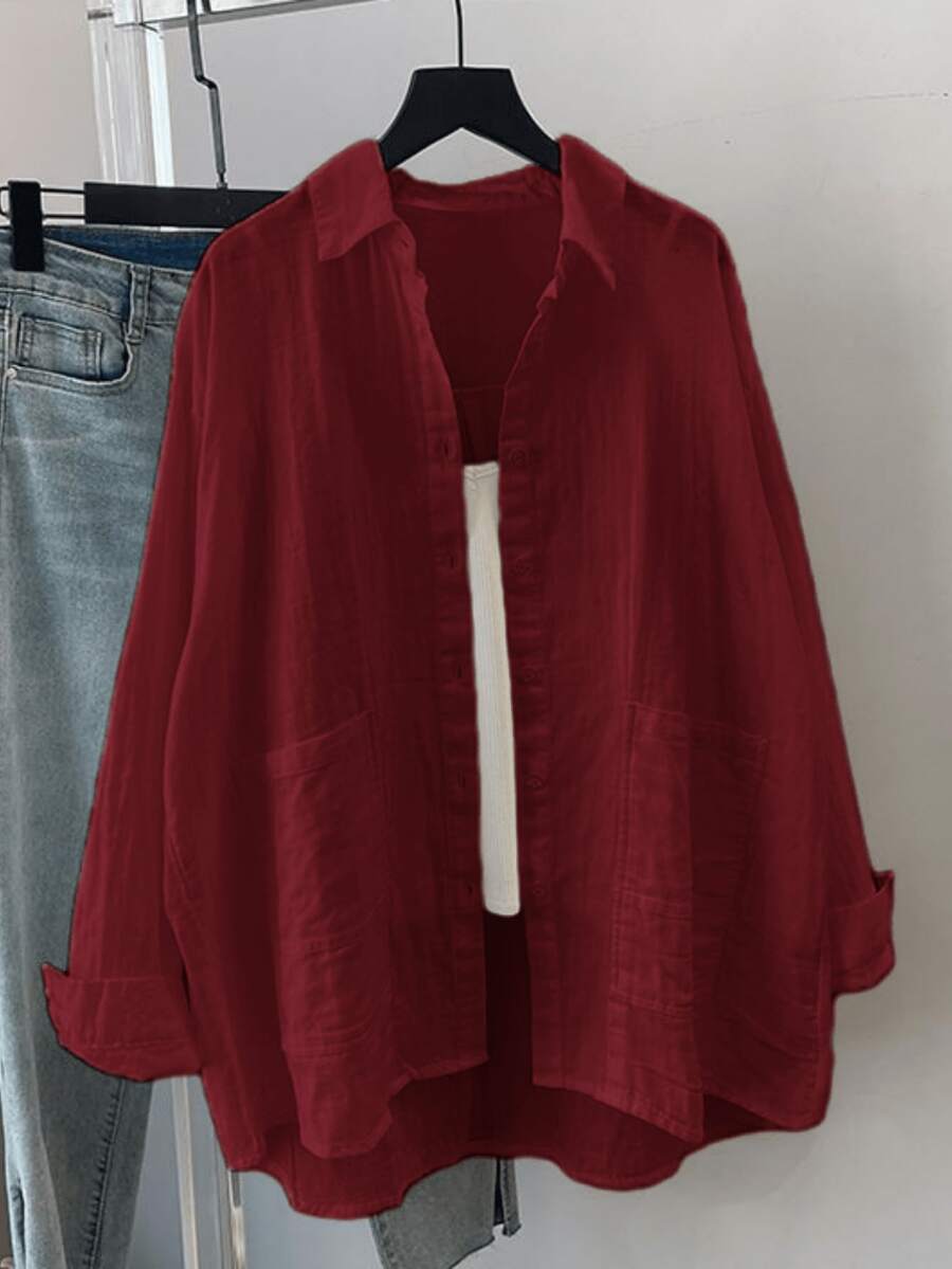 Plus Size Women's Solid Color Pocket Casual Loose Blouse, Dropped Shoulder Long Sleeve Top, Suitable For Daily Wear, Spring/Summer - Red - View 1