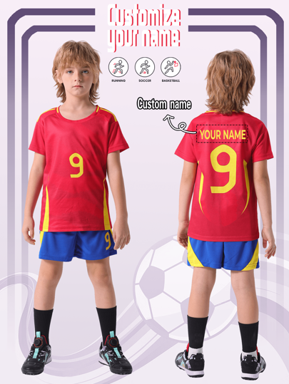 [Customized Item] 2pcs Spain Casual Sports Training Moisture-Wicking Short Sleeve Sports Suit, Fixed No.9 Number, Suitable For Football, Sports, Daily Wear, Customized Name