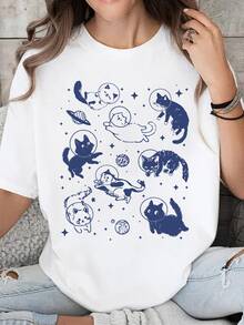 女士夏季太空猫印花圆领短袖休闲宽松T恤上衣，加大码白色 - 白色 - 查看 5