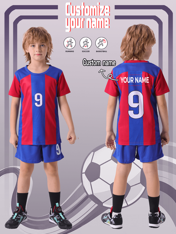 [Customized Product] Barcelona FC 2pcs Casual Sports Training Quick-Dry Short Sleeve Sportswear Set, Fixed No.9 Number, Suitable For Football, Workout, Daily Wear, Name Customization