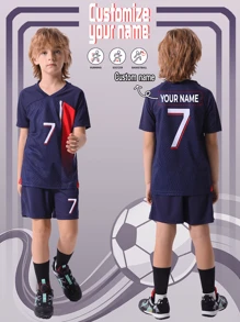 2pcs Boys' Casual Sports Training Quick-Dry Short Sleeve Sportswear Set, Suitable For Football, Sports, Daily Wear, Customizable Name