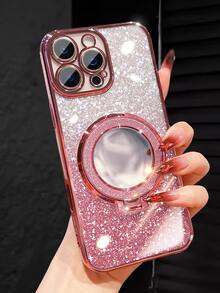 Luxury Electroplated Pink Phone Case With Bicycle Ring Magnetic Stand, Built-In Makeup Mirror, Rhinestone Glitter, Y2K Style, Fashionable Silicone Shock-Proof Soft Shell, Compatible With IPhone 16/16E/15/14/13/12/11/X/XS/XR/8/7 Plus/Pro/Max/Mini, Galaxy S24/S25 Ultra, Redmi, Honor/OPPO Reno/MOTO Infinix, Waterproof, Shockproof, Scratch-Resistant