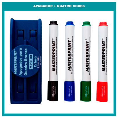 kit Pincel Caneta Quadro Branco Recarregáveis 04 Cores + Apagador Lousa Quadro Branco Masterprint