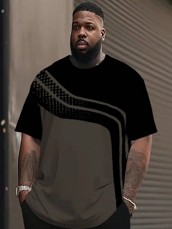 Plus Size Men's Black Printed Short Sleeve T-Shirt, Casual Round Neck Breathable Sports Top, Summer
