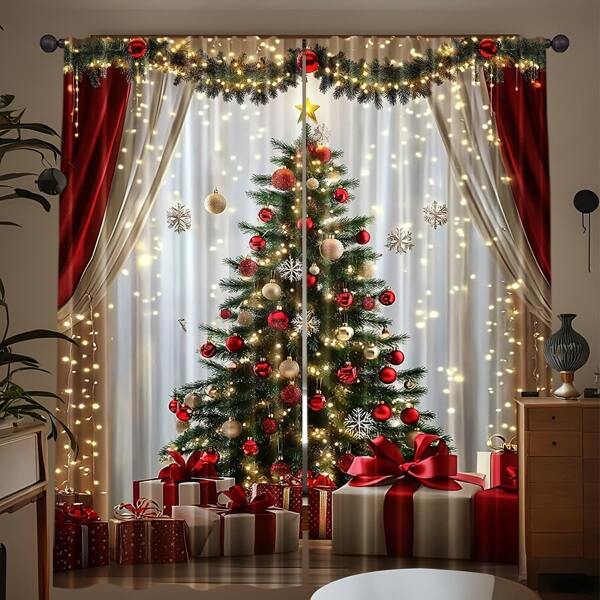 2pcs Minimalist Luxury European Style Christmas Curtains - Holiday Red & Golden Snowflake Pattern, 100% Polyester Sheer Rod Pocket Curtains, Suitable For Living Room And Bedroom, Hand Wash Only, No Rods Included, Christmas Curtains For Living Room, Holiday Window Decor, Luxurious Jacquard