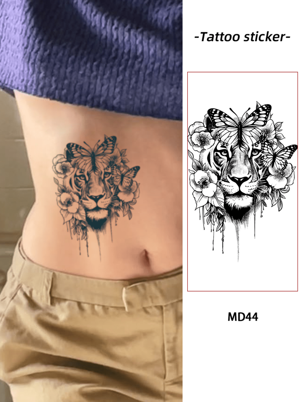1pc Waterproof & Rub-Resistant Tattoo Sticker, PVC Faux Tattoo With Lion Head & Butterfly Pattern, Suitable For Hand, Chest, Daily Use For Men & Women