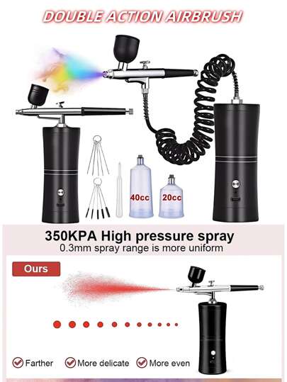 Convenience Wireless Airbrush Kit With Detachable Extended Hose, 0.3mm Dual-Action Spray Gun With 3 Bottles, Cleaning Brush Set, USB Power Cable, Mini Airbrush With 1000mAh Rechargeable Battery For Model Making, Nail Art, Automotive Painting, Beauty Sprays And DIY Crafts