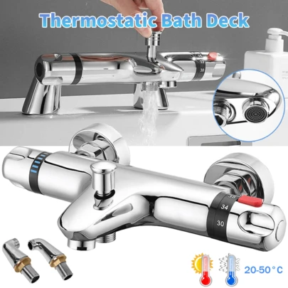 Modern Thermostatic Bath Shower Mixer Taps Deck Mounted Chrome Valve Bar Tap