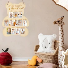 1 pieza Exhibidor de foto de hitos del primer año del bebé, placa conmemorativa del crecimiento de recién nacido mensual - Marco de fotos para colgar en la pared de madera, decoraciones para fiesta de baby shower, decoración de habitación, regalos para fiestas para niños, decoración de guardería (43*30cm/17*12in), incluye cinta y cuerda