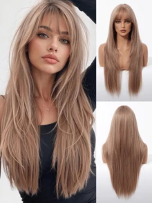 28 Inch Long Straight Champagne Blonde Layered Wigs With Bangs Synthetic Wigs For Women For Ordinary Work, Life, Dance Parties And All Occasions Use; Wigs For Women, Carnival; Kpop, K Pop; Y2k; Cosplay - 香檳色 - 查看 1