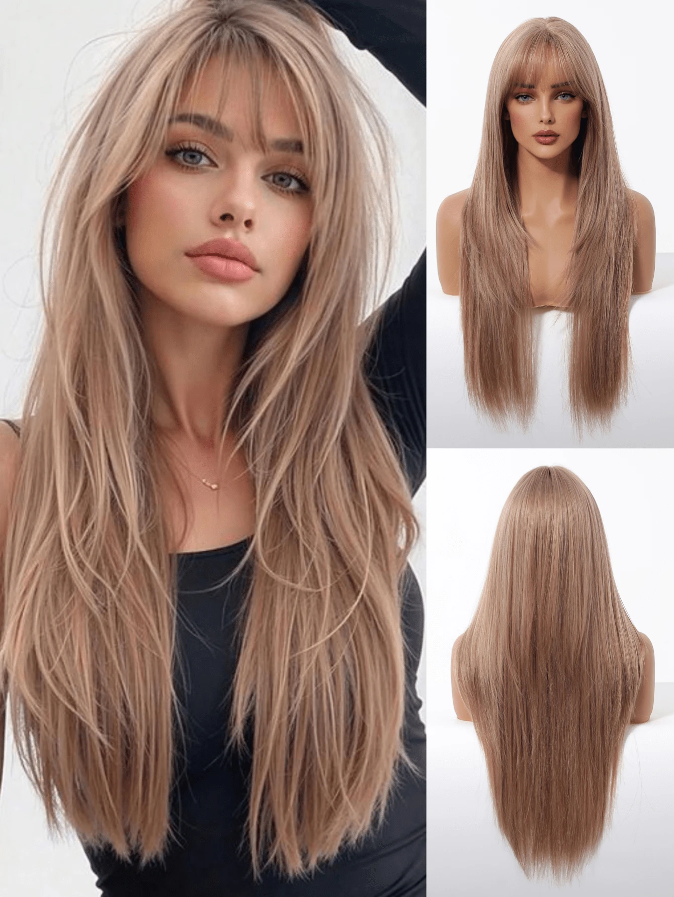 28 Inch Long Straight Champagne Blonde Layered Wigs With Bangs Synthetic Wigs For Women For Ordinary Work, Life, Dance Parties And All Occasions Use; Wigs For Women, Carnival; Kpop, K Pop; Y2k; Cosplay - 香檳色 - 查看 1