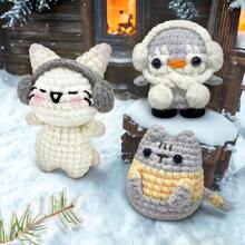 Set de 3 kits de material de ganchillo con diseños de gato y pingüino, kit de animal de peluche tejido a ganchillo lindo, regalo de cumpleaños, kit de animal de ganchillo para principiantes que incluye tutoriales en video, hilo, marcadores de costuras e instrucciones (accesorios en color aleatorio)