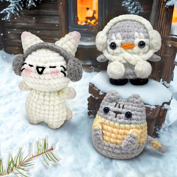 3PCS Cat & Penguin Crochet Material Package,Cute Crochet Stuffed Animal Kit , Birthdays Gift, Crochet Animal Kit For Beginners Include Videos Tutorials,Yarn,Seam Markers,And Instructions(Accessories In Random Color)