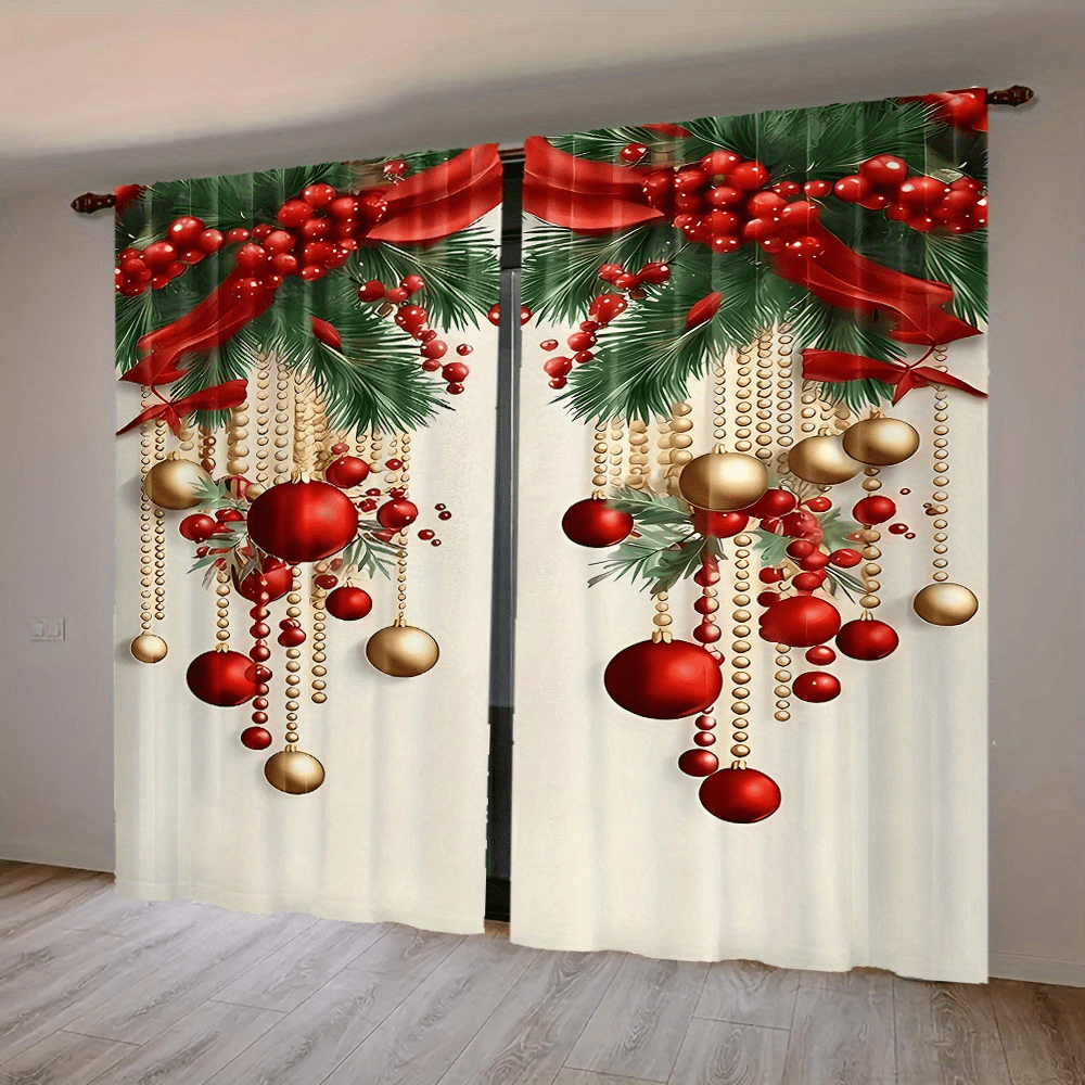Cortina moderna de poliéster para Natal, 2 peças, estampa digital de feriados, lavável à máquina, adequada para decoração de feriados em vários cômodos, sem acessórios, de malha - ótima para quarto, sala de estar, sala de jantar