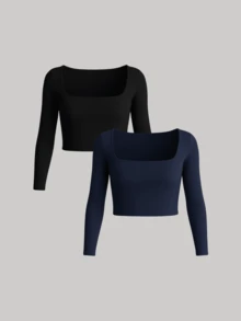 Cropped Long Sleeve Square Neck Winter Cold Weather Blouse SUPLEX - Black - View 3