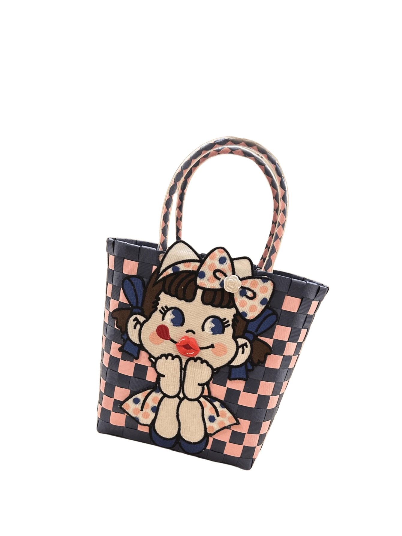 Sac à main tressé avec lèvres rouges mignonnes, sac de transport adorable, sac de rangement doux, sac d'été coloré, sac de fille à nœud, sac à main de style lolita, sac de déguisement, sac fourre-tout de style britannique, sac à main de fête sucré