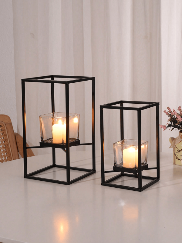1pc Black Metal Square Candle Holder, Black Metal Frame Glass Cup Candle Holder, Glass Frame Candle Holder, 3D Candle Holder Decor, Minimalist Style For Party & Banquet, Candles Not Included