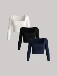 Cropped Long Sleeve Square Neck Winter Cold Weather Blouse SUPLEX - Black - View 4