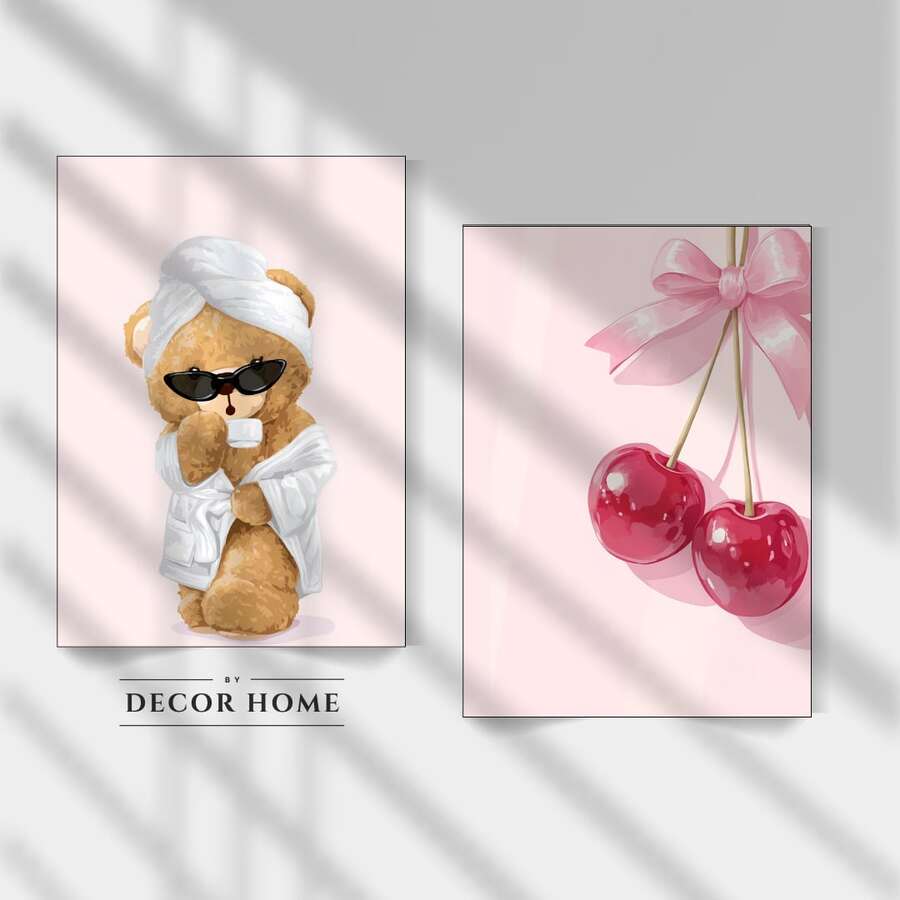 Kit 2 Little Bear In Robe And Cherry Pictures Home Decor Living Room Bedroom Feminine Cherry MDF - Màu Hồng baby - Xem 1